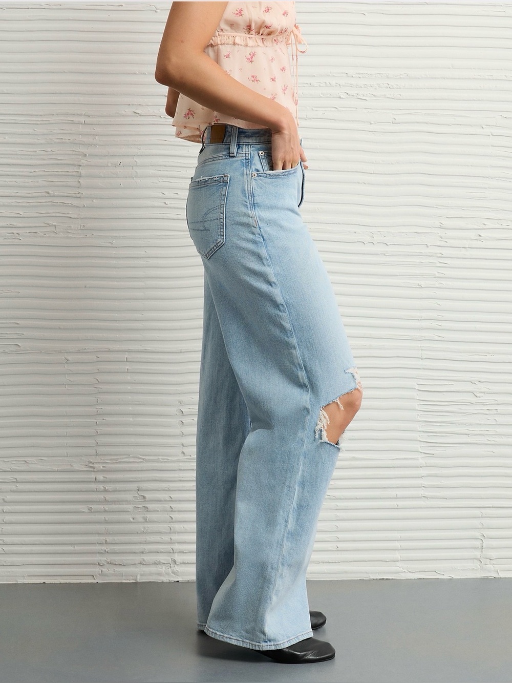 Light Blue Wide Leg Distressed Jeans - Women